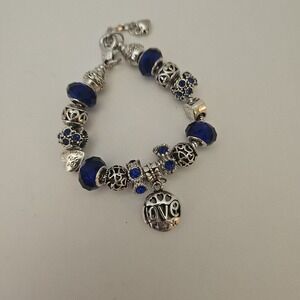 Blue Love Charm Bracelet - Silver Tone Jewelry Gift for Her - Birthday Present